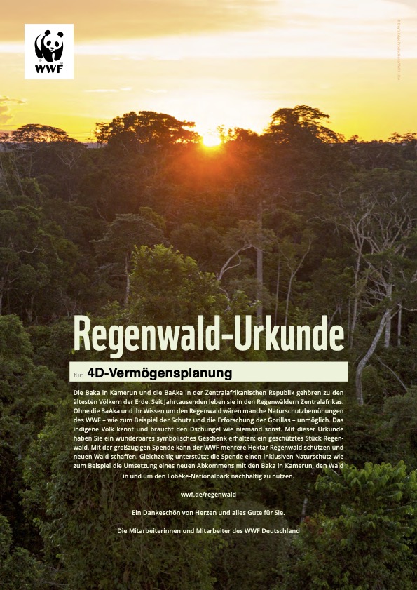 4D-Vermögensplanung spendet für den Erhalt des Regenwaldes WWF-Urkunde-Regenwald